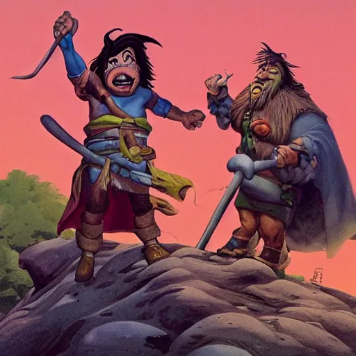 Image similar to groo the wanderer and rufferto in an epic pose on top of a mountain painted by alex ross