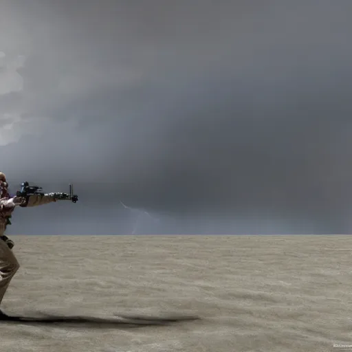 Image similar to captain j. kirk from star trek storming the beaches of normandy on d - day. film still, detailed face, ultra realism, dramatic lighting, thunderstorm, action pose, zeiss lens, canon eos, artstation, dynamic pose, redshift, octane