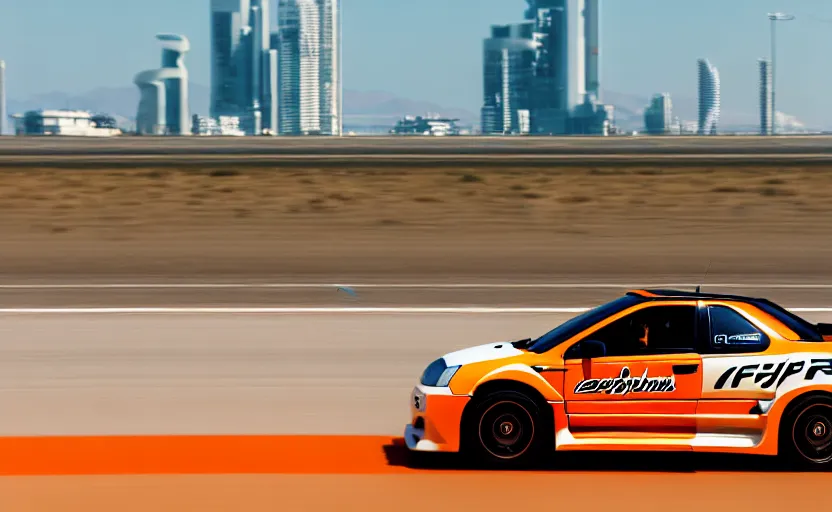 Image similar to photograph of a cell-shaded orange itasha Honda EK9 Type-R, speeding on a desert road with a futuristic city in the horizon, kicking up dirt, action shot, one point perspective, 1-point perspective, sigma 85mm f/1.4, 4k, depth of field, high resolution, 4k, 8k, hd, full color