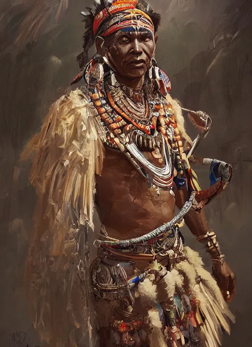 Image similar to A painting of a tribal chief, epic ornate details, trending on artstation in the style of Greg Rutkowski
