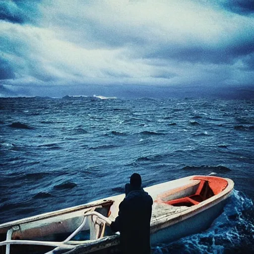 Image similar to “lost man on a boat trying to find his way back home in the middle of the ocean, cartoonish, sad setting, rainy, stormy”