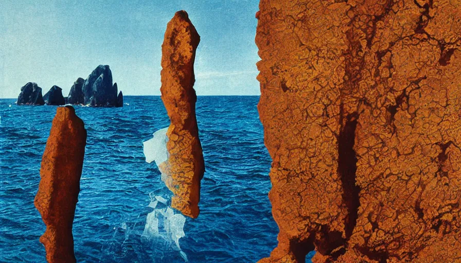 Image similar to a poster about Percé Rock, a rock with a hole in it in the sea, by Bauhaus and John Baldessari