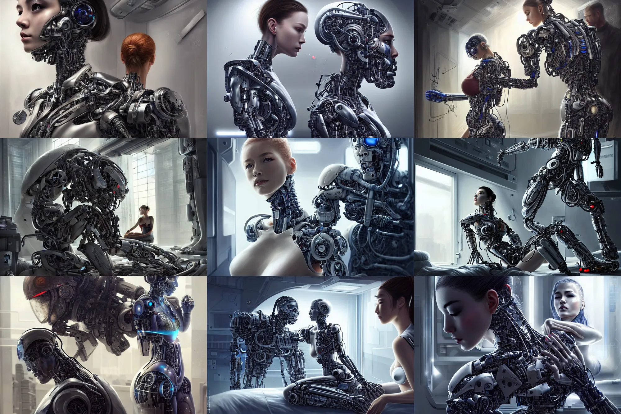 Prompt: Ultra realistic illustration, beautiful alluring damaged cyborg being put back together in an super advanced military medical bay, while a beautiful alluring female astronaut soldier watches, cyberpunk, sci-fi, fantasy, intricate, elegant, highly detailed, digital painting, artstation, concept art, smooth, sharp focus, illustration, art by Yintion J - Jiang Geping and artgerm and greg rutkowski and alphonse mucha
