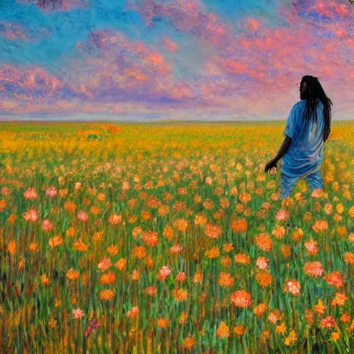 Image similar to a somali man with long hair in a vast field of flowers, relaxing, wide shot, golden hour, vintage, impressionist painting, fine art, oil painting, dreamy, pastel, laughing, happy, intricate details, sharp, peaceful, serene