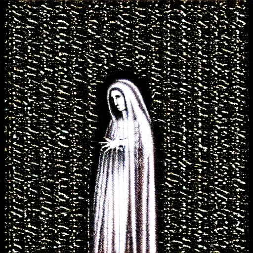 Image similar to vhs static overlay of marian apparition, vhs, 1 9 9 0, highly realistic, highly detailed, vhs noise static, black and white, vhs glitch