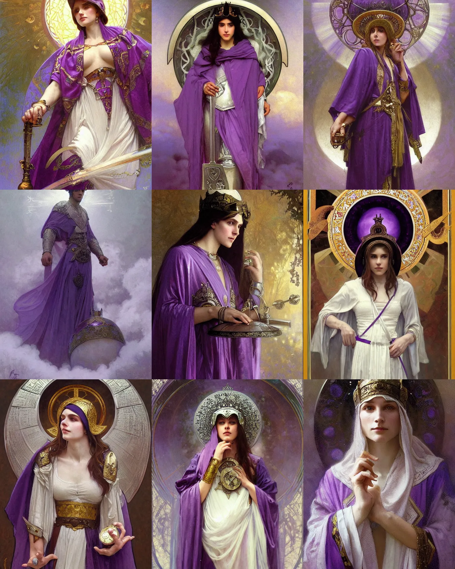 Prompt: portrait of a divine person dressed in purple robes and a round helmet!!!, knight helmet!!!!!!!, silver crown, runes, jewelry, mystical, ethereal, magical white fog, painting by greg rutkowski and alphonse mucha