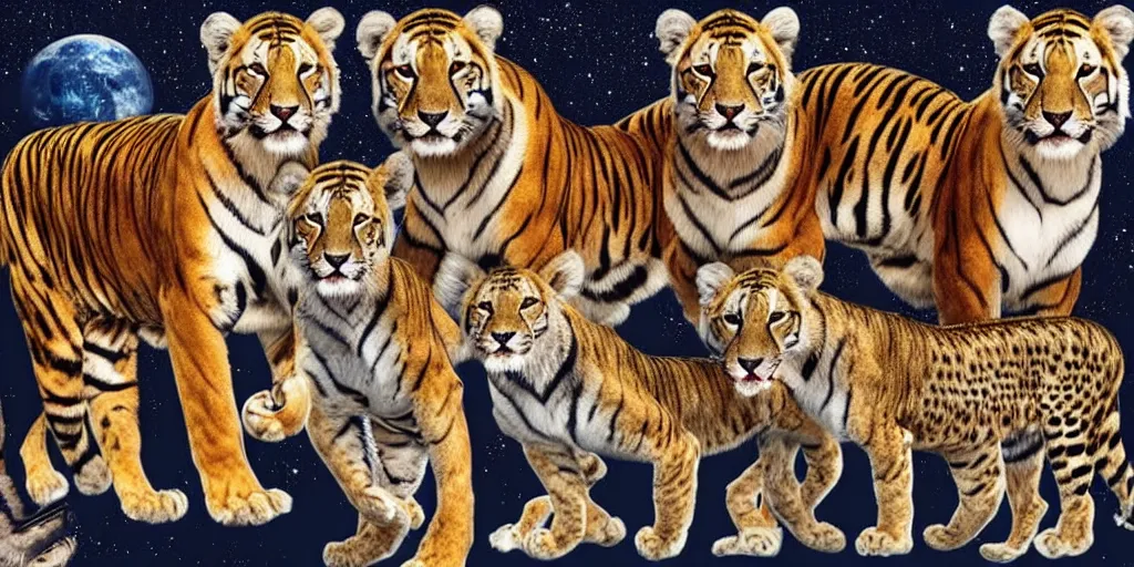 Image similar to Group photo of 4 animals (tiger, lion, cheetah, puma) in spacesuits before going to space. Highly detailed picture, movie scene.