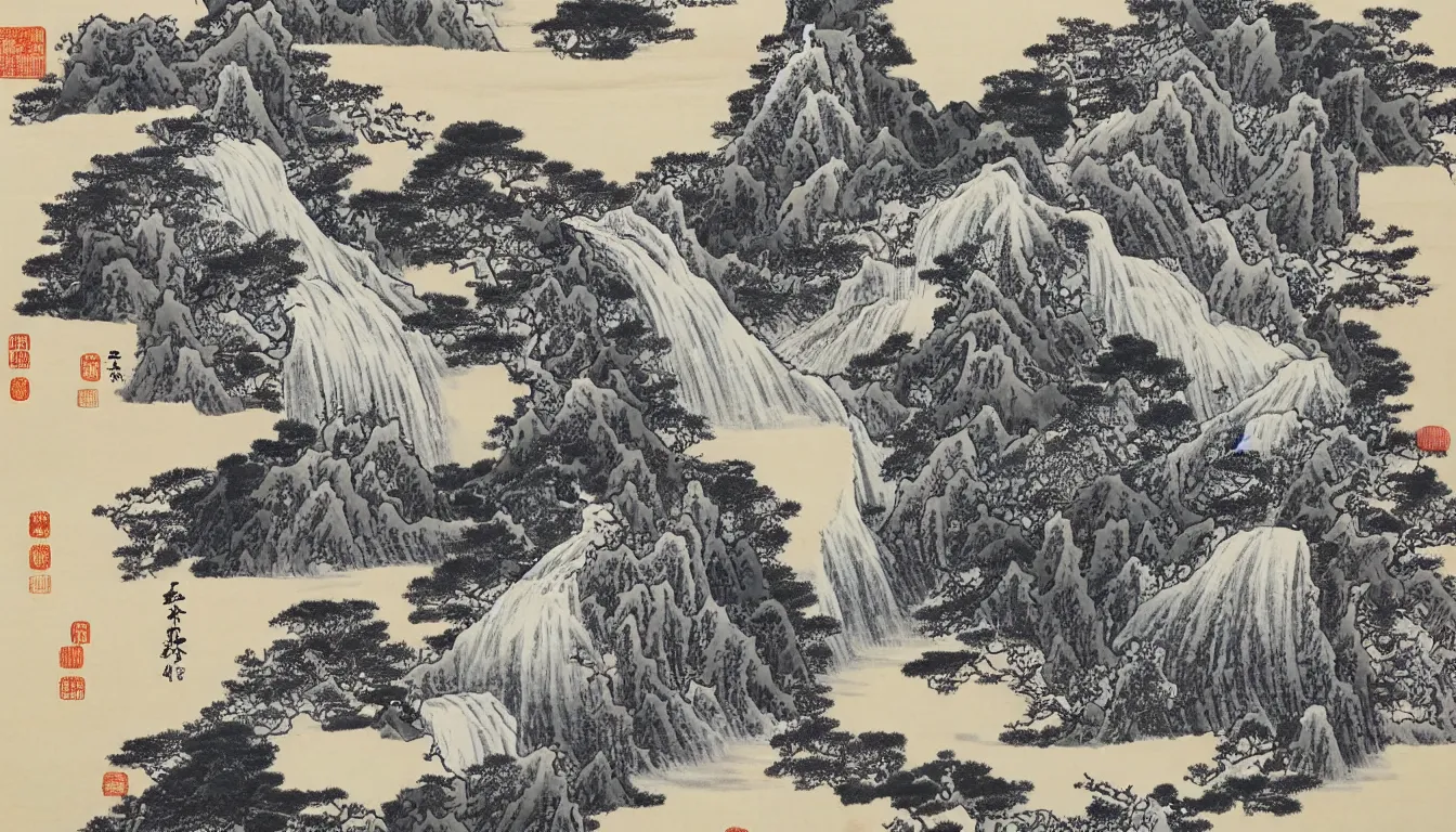 Image similar to traditional chinese ink drawing of a waterfall, mountains, forest, by hokusai, ultra detailed