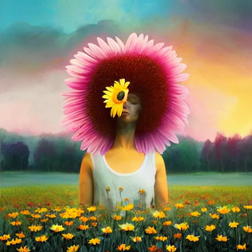 Image similar to giant daisy flower for a head, portrait of girl in flower field, holding daisy, surreal photography, sunrise, impressionist painting, colorful clouds, digital painting, artstation, simon stalenhag, flower face