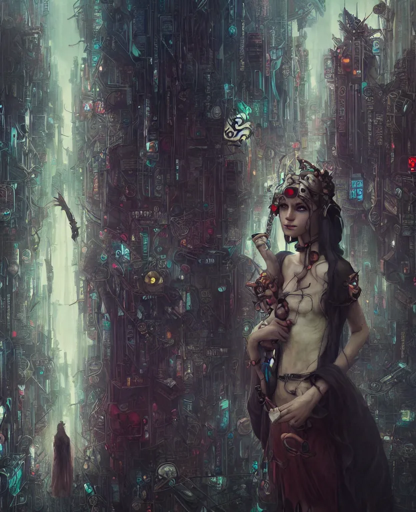 Image similar to hyper realistic Princess Mononoke, spooky mask, busy cyberpunk metropolis, city landscape, jewels, style of tom bagshaw, mucha, james gurney, norman rockwell, denoised, sharp