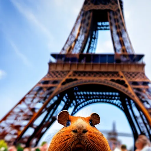 Image similar to a guinea pig taking a selfie in front of the eiffel tower, photorealistic