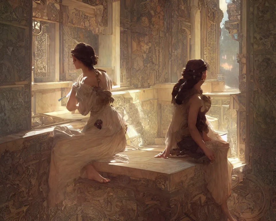 Image similar to long shot of bright cube with girl sitting in a corner, intricate, elegant, highly detailed, 1 9 2 0's style speakeasy, digital painting, artstation, concept art, smooth, sharp focus, illustration, art by artgerm and greg rutkowski and alphonse mucha and william - adolphe bouguereau