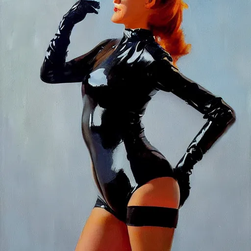 Image similar to greg manchess portrait painting of female wearing a latex suit as addison rae, medium shot, organic painting, sunny day, matte painting, bold shapes, hard edges, street art, trending on artstation, by huang guangjian and gil elvgren and sachin teng