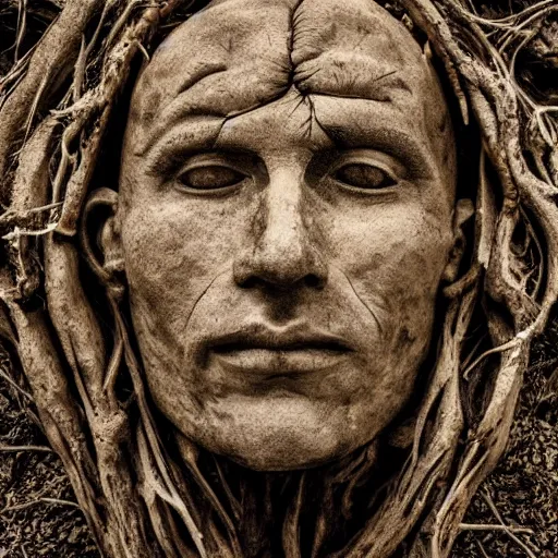 Prompt: a portrait of a man made of roots earth and stone, earthy, nature