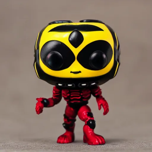 Image similar to Bumble Bee Funko Pop in crimson-black color scheme