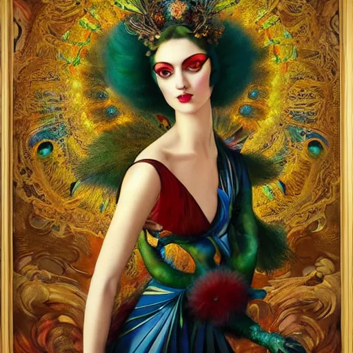 Prompt: dynamic composition, a painting of a woman with green eyes and hair made of peacock plummage, a surrealist painting with ornate chinoiserie background by Tom Bagshaw and Jacek Yerga and Tamara de Lempicka, featured on cgsociety, pop surrealism, surrealist, wiccan, pre-raphaelite, ornate gilded details