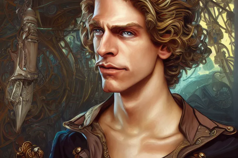 Image similar to Guybrush Threepwood, cute, fantasy, intricate, elegant, highly detailed, digital painting, 4k, HDR, concept art, smooth, sharp focus, illustration, art by artgerm and H R Giger and alphonse mucha