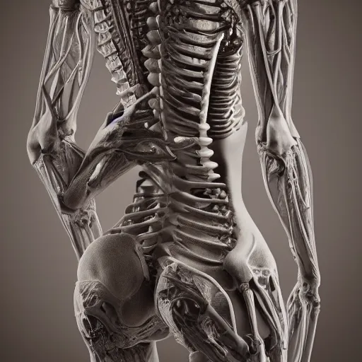 Image similar to beautiful scene of a detailed and intricate design of the back of full woman body and a baby fetus wrapped in bones, real, studio shot, dynamic lighting, great finesse organic hyper detailed, engineering blueprints, technical drawings, calculus, stained paper, hyperrealistic, ultra detailed, 16K, unreal engine, trending on artstation