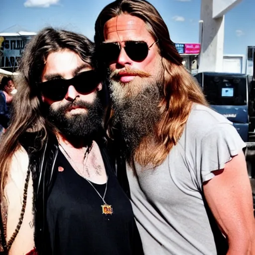 Prompt: 3 9 - year - old french bearded long - haired yoga punk singer wearing wraparound sunglasses. he also works as a commercial model and actor. looks like brad pitt. standing next to khalyla kuhn. vaporwave.