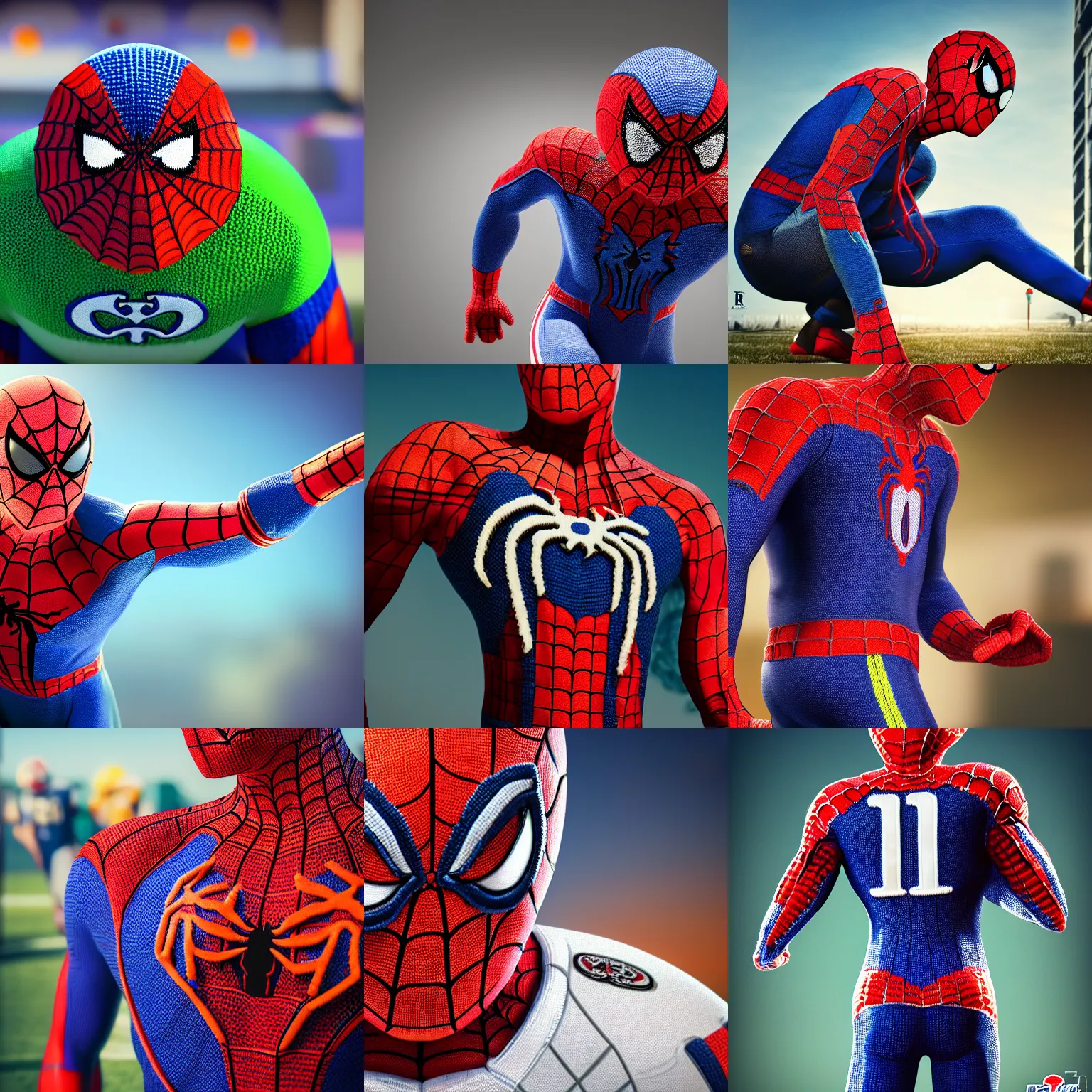 Prompt: a closeup photorealistic photograph of a colorful knitted spider man themed rams football player. professional capture. bright scene. this 4 k hd image is trending on artstation, featured on behance, well - rendered, extra crisp, features intricate detail, epic composition and the style of unreal engine.