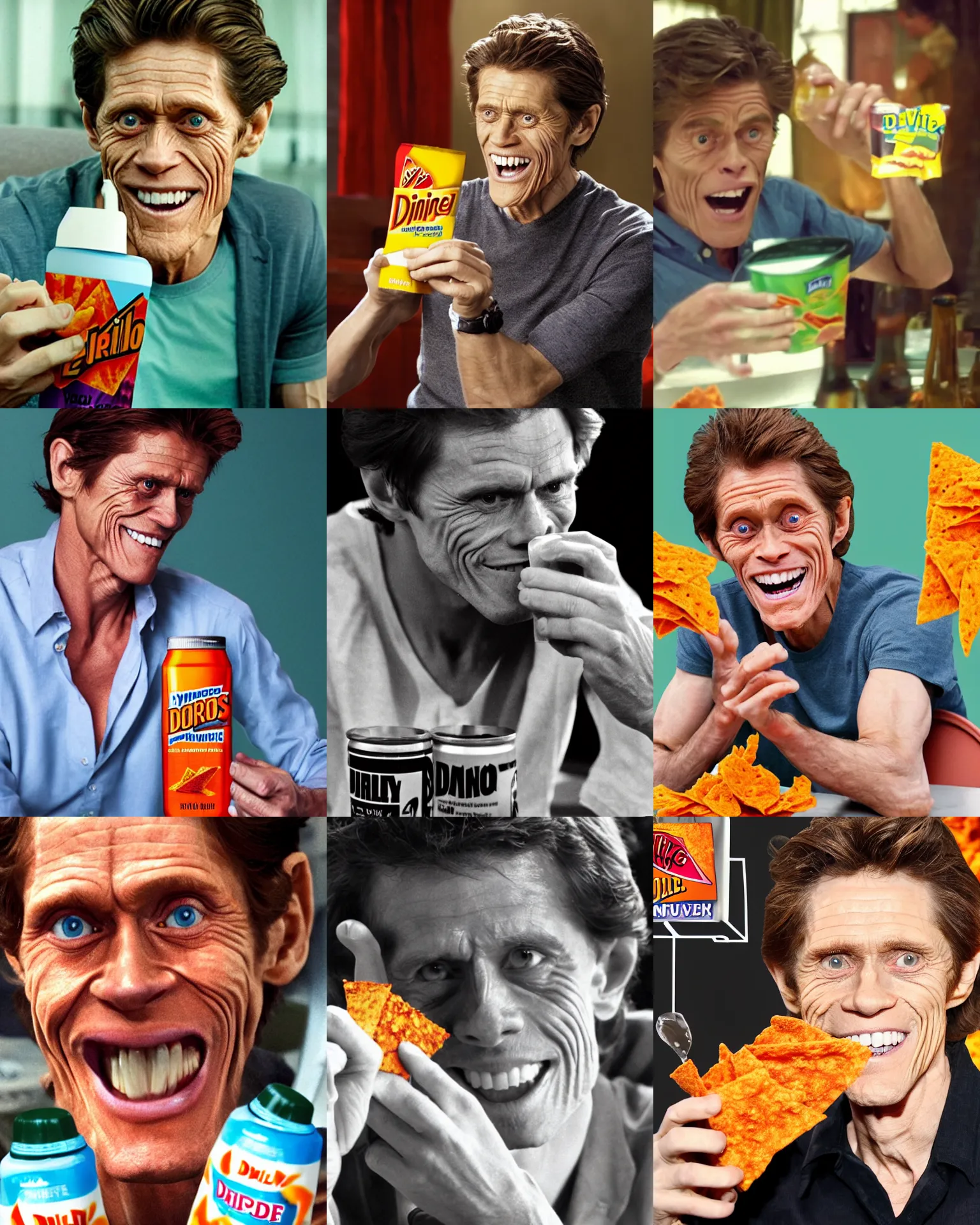 Prompt: young willem dafoe happily drinking dorito juice, 2 0 1 2 viral product advertisement hd, commercial banner