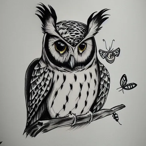 Prompt: a tattoo drawing of an owl and a butterfly
