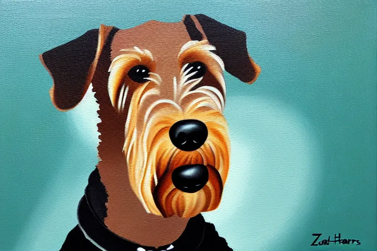 Image similar to portrait of airedale terrier. painting by zatzka hans