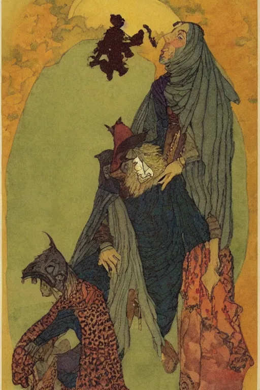 Image similar to illustration by Edmund Dulac showing Samuel Beckett as arabian sorcer, 1001 nights