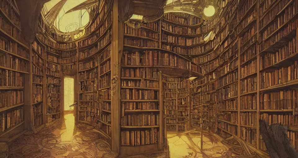 Prompt: endless magepunk book library interior with towering bookshelves by mucha, eugene von guerard, ivan shishkin, dramatic godraylighting, concept art, trending on artstation