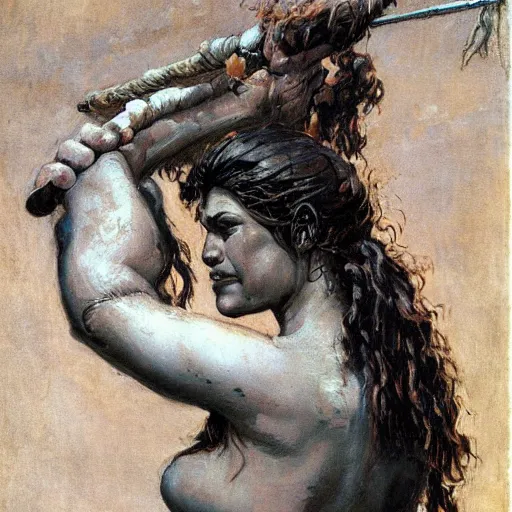 Prompt: a barbarian woman washing her hair by frank franzetta