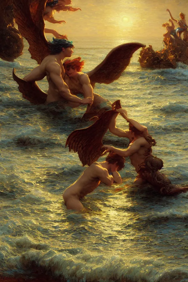 Prompt: attractive male siren, night star casting a spell summoning sea demons, highly detailed painting by gaston bussiere, craig mullins, j. c. leyendecker, 8 k