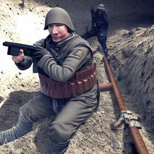 Image similar to Putin, fully equipped, is sitting in a trench and shooting back at the Ukrainians. Super detailed style/ HD textures