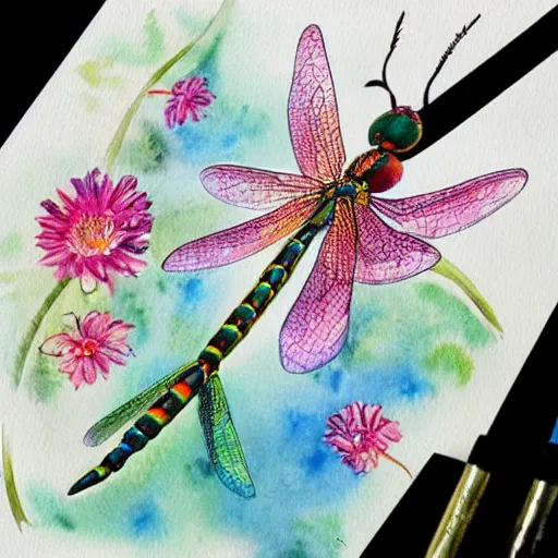 Image similar to water color illustration of a dragonfly with a human head. flower in it's mouth. collaborative piece by the worlds best artists. trending on everything, all the details.