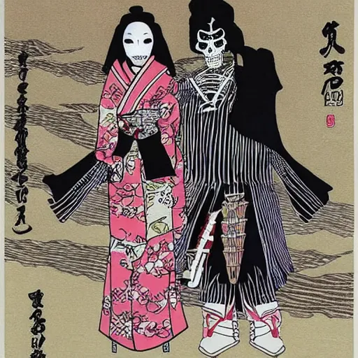 Image similar to portrait of a skeleton samurai and his beautiful Japanese wife by Toshio Saeki, high detailed