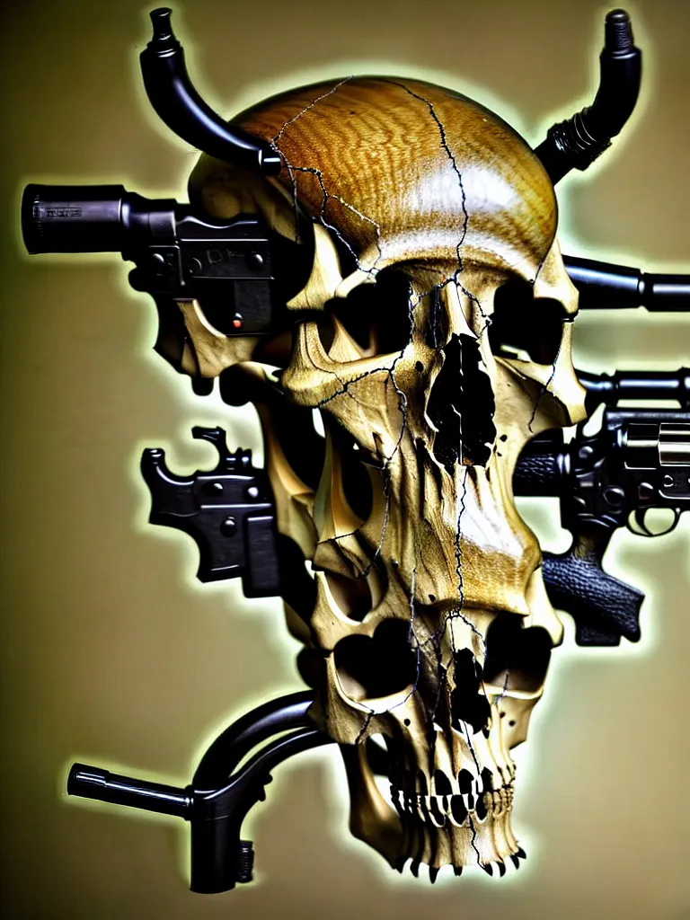 Image similar to animal skull made of rifles, skull made of revolvers, ultra-realistic, intricate details photograph