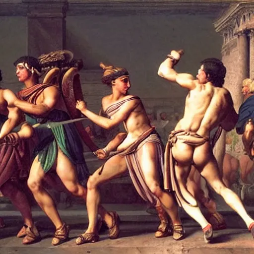 Image similar to muscular warrior women, spartan warrior women, clashing in gladiatorial arena, roman coliseum, roman emperor watching, art by jacques - louis david