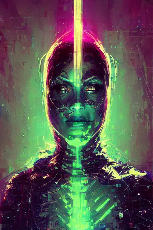 Prompt: portrait, headshot, digital painting, an beautiful techno - witch lady in circuit electronic mask, opalescent, synthwave, glitch, vhs, fracture,, realistic, hyperdetailed, chiaroscuro, concept art, art by john berkey