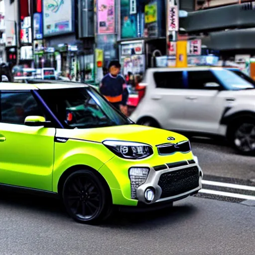 Image similar to a Kia soul parked on a busy street in Tokyo Japan Akihabara