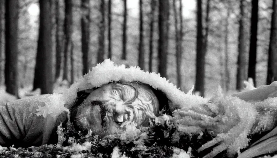 Prompt: 1 9 6 0 s movie still close up of marcus aurelius with frozen face and toga, laying down on the danube's shore pine forests, cinestill 8 0 0 t 3 5 mm b & w, high quality, heavy grain, high detail, texture, dramatic light, anamorphic, hyperrealistic, foggy