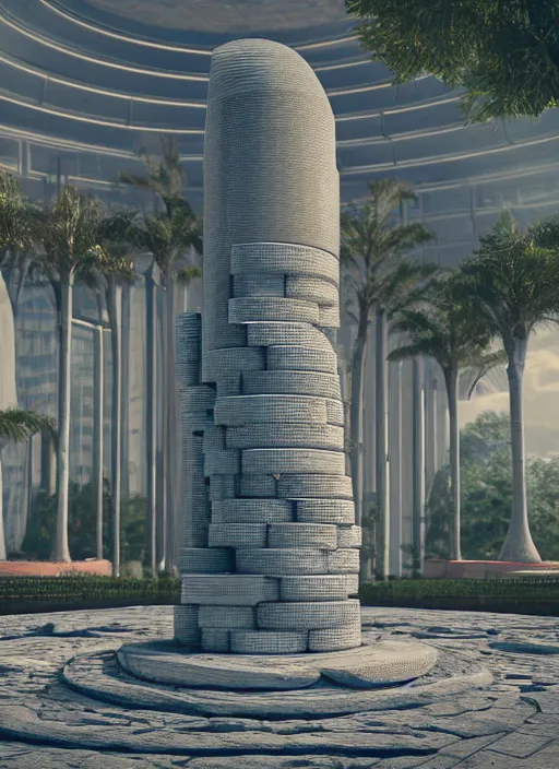 Image similar to highly detailed realistic architecture 3 d render of a futurisctic stele made from stacks of coins standing in a city park, archdaily, made in unreal engine 4 octane render