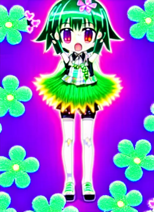 Image similar to a hologram of moe styled green haired yotsuba koiwai crossed fingers, wearing a gothic lolita decora spiked jacket, background full of lucky clovers and shinning stars, holography, irridescent