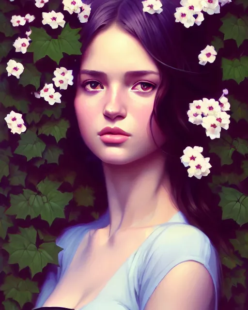 Image similar to stylized portrait of an artistic pose, composition, young lady sorrounded by nature, cinematic moody colors, ivy, flowers, one single head, realistic shaded, fine details, realistic shaded lighting poster by ilya kuvshinov, magali villeneuve, artgerm, jeremy lipkin and michael garmash and rob rey