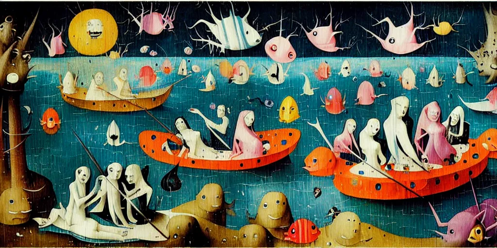 Prompt: a beautiful painting of an elaborate underwater scene painted by hieronymous bosch and lisa frank