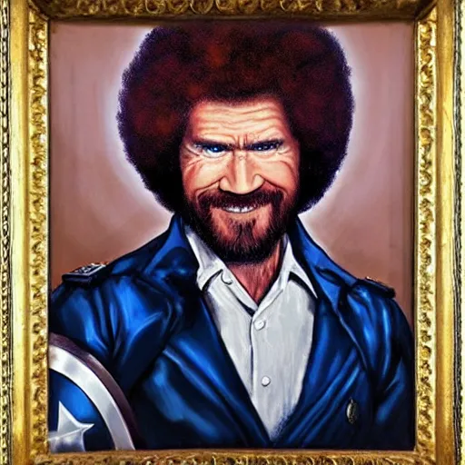 Image similar to Bob Ross as captain America, oil painting,