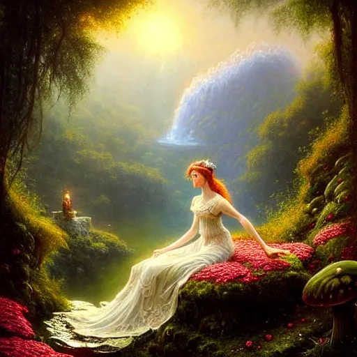 Image similar to highly detailed, an elegant fairy in a white lace dress sitting a in a enchanted scenery landscape, vast lush valley flowers and mushroom, waterfall, stream, sunrise, vivid color, soft clouds, cinematic lighting, perfect composition, 8 k, gustave dore, derek zabrocki, greg rutkowski, belsinski,