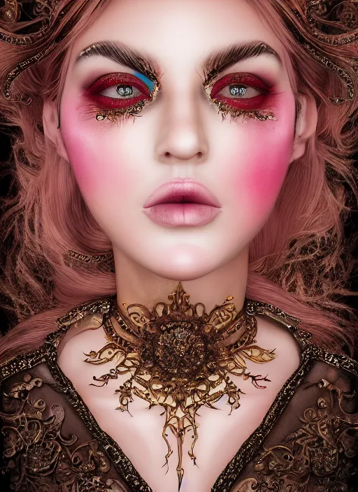 Image similar to a portrait of female by candy makeup, photorealistic, intricate details, hyper realistic, fantasy, elegant, baroque, photorealistic, photography, symmetrical features, symmetrical pose, wide angle shot, feet on the ground, wearable art, unreal engine