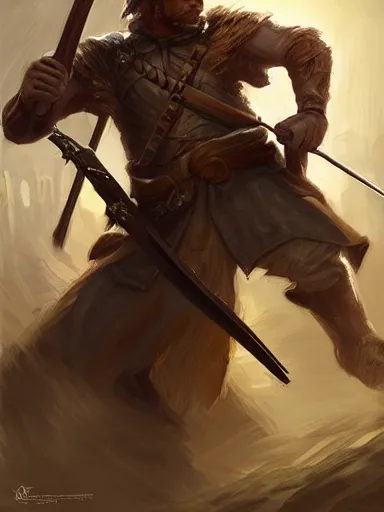 Image similar to a militia fighter, wielding a wooden quarterstaff in a defensive stance. cornered by enemies. intricate, elegant, highly detailed, digital painting, artstation, concept art, sharp focus, illustration, by justin gerard and artgerm, 8 k