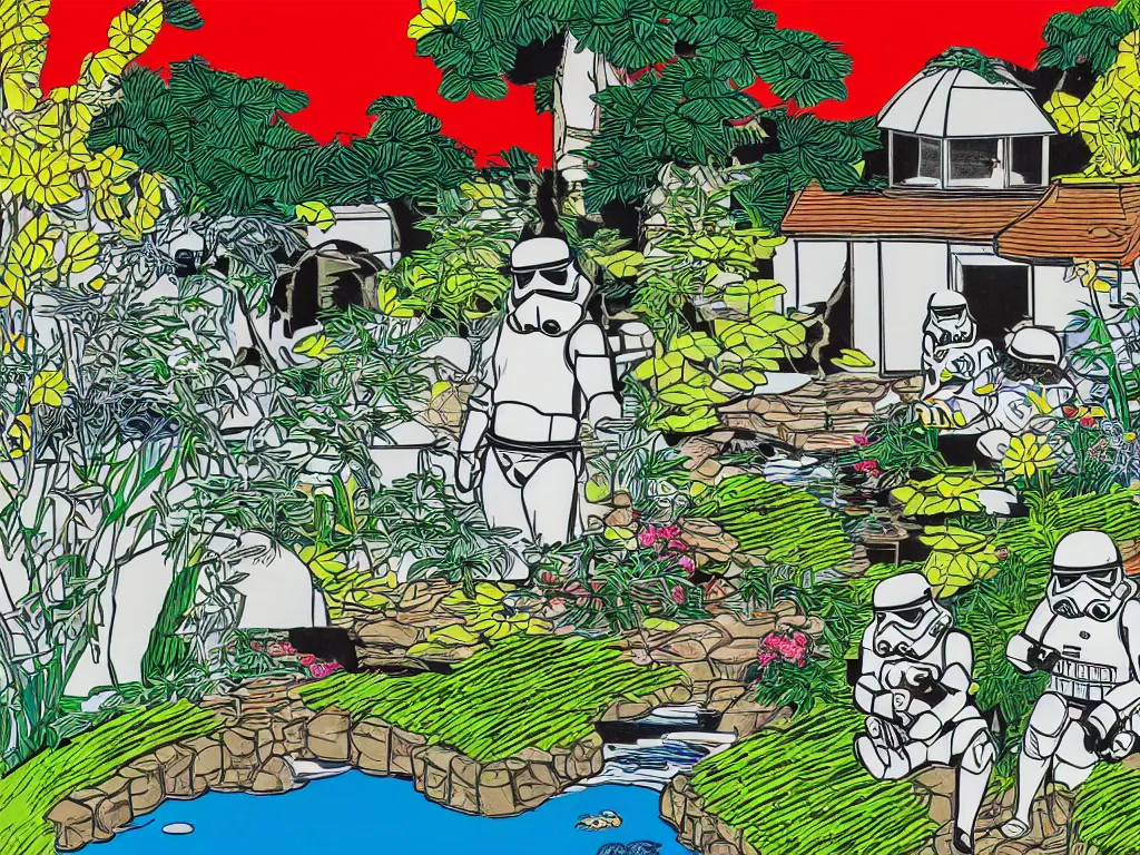 Image similar to detailed close - up image of the japanese home with a garden and a pond, 2 stormtroopers sitting around it, pop - art style, jacky tsai style, andy warhol style, roy lichtenstein style, rich palette, acrylic on canvas