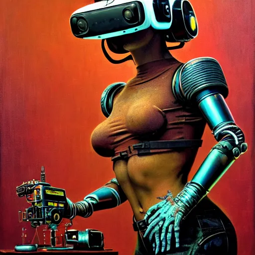 Prompt: junky women posing, cybertronic gadgets and vr helmet, flesh + technology, durty colours, mid shot, rotten textures, rusty shapes, biotechnology, norman rockwell, tim hildebrandt, dariusz zawadzki, bruce pennington, larry elmore, oil on canvas, deep depth field, masterpiece, cinematic composition, hyper - detailed, hd, hdr