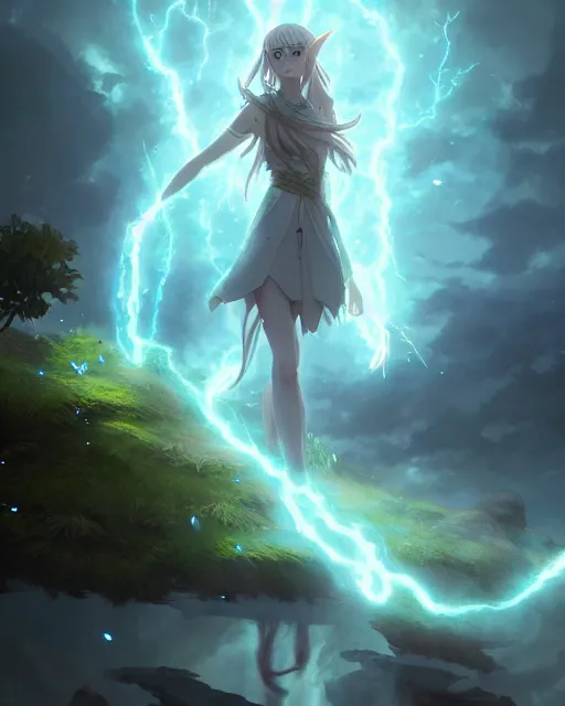 Image similar to concept art of a powerful elvish druid summoning a lightning storm, key visual, ambient lighting, highly detailed, digital painting, artstation, concept art, sharp focus, by makoto shinkai and akihiko yoshida and hidari and wlop